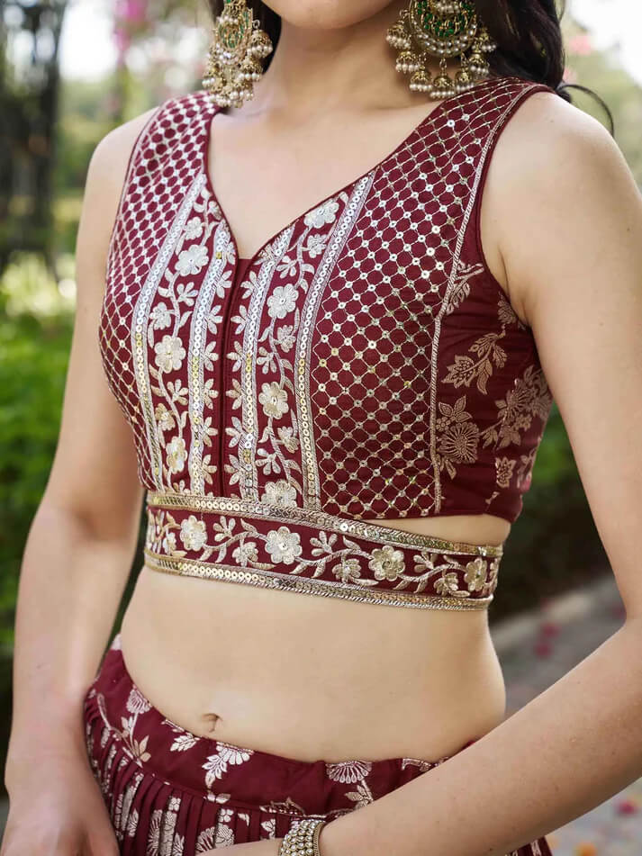 Maroon Jacquard Lehenga with Zari & Sequins Work