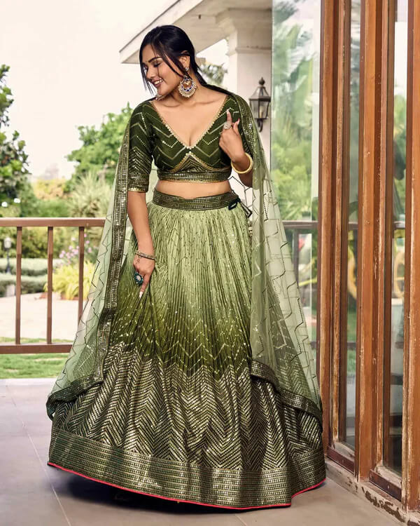 Dark & Light Green Lehenga Choli with Thread & Sequins Work