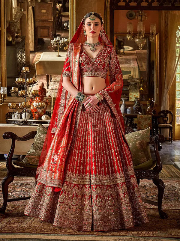 Designer Red Lehenga Choli with Pearl Embellishments
