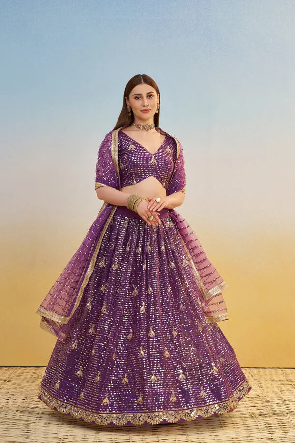 Glamorous Dark Purple Net Lehenga Choli for Weddings