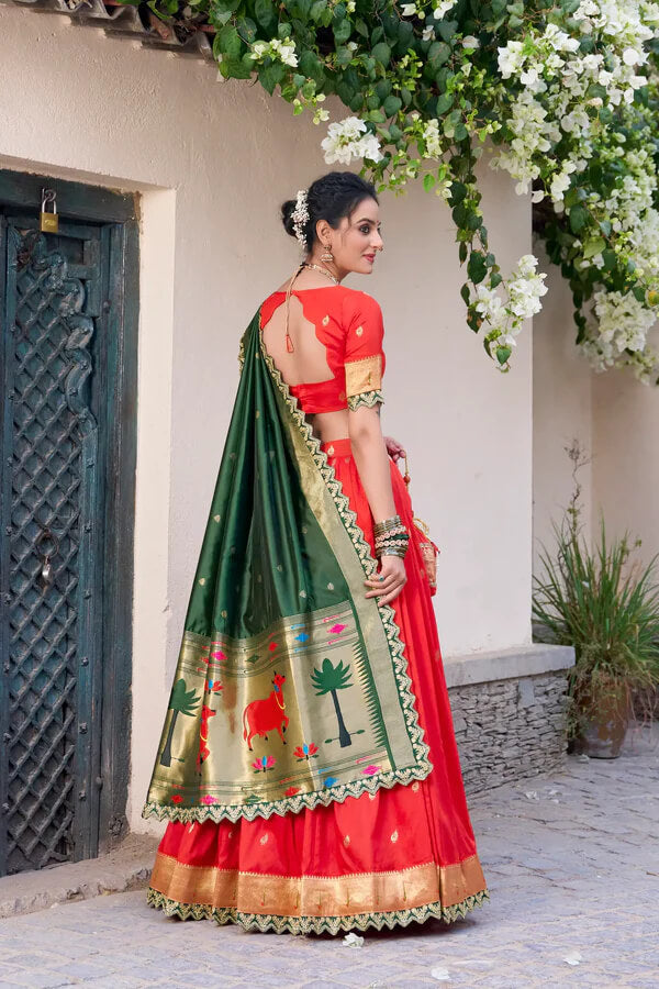 Elegant Bright Red Paithani Silk Lehenga Choli with Zari & Lace
