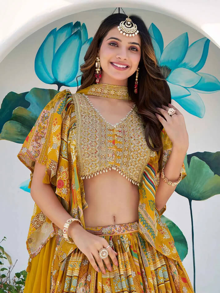 Yellow Digital Print Lehenga with Choker Dupatta