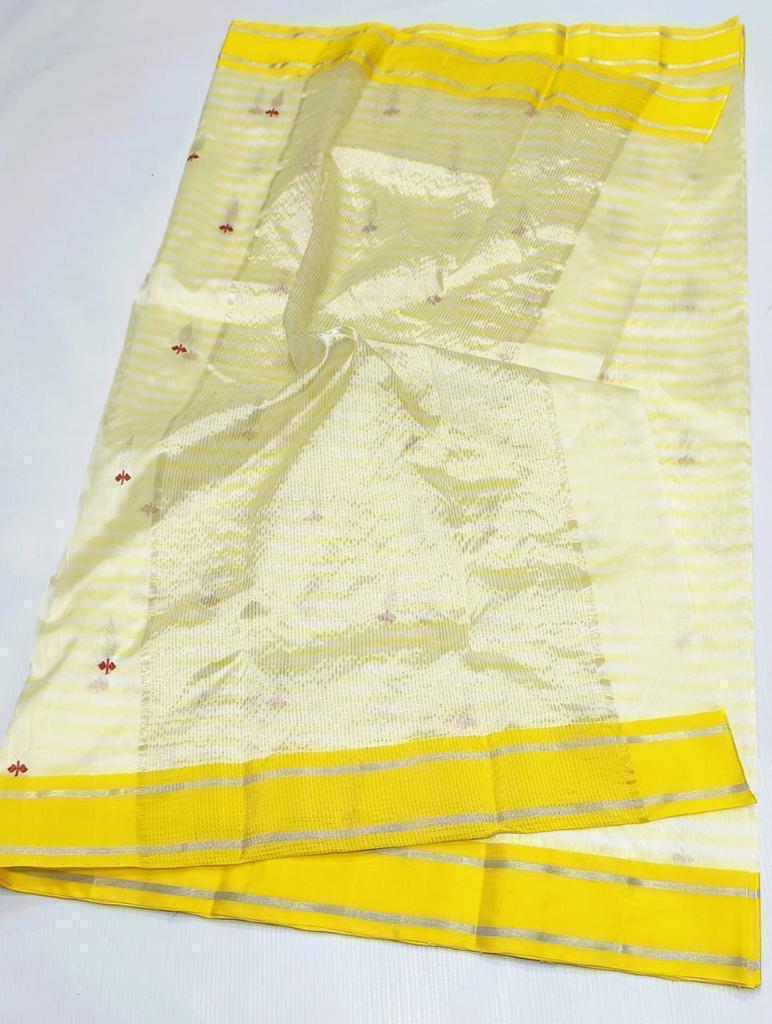 Lemon Chanderi Handloom Pattu Silk Eknal Buttas Saree