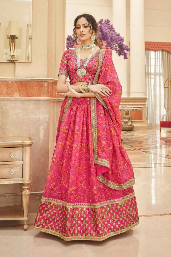 Pink Organza Floral Lehenga with Zari & Sequins Work