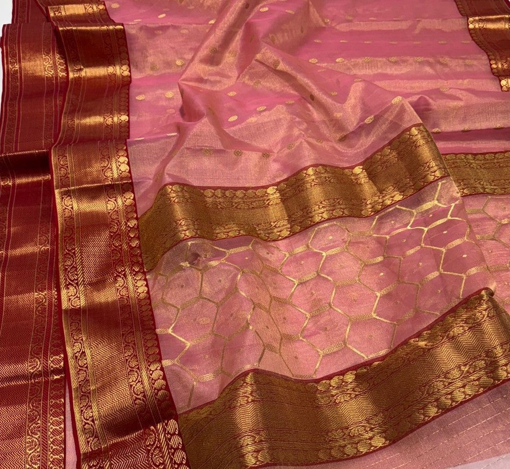 Peach Chanderi Handloom Katan Tissue Silk Saree