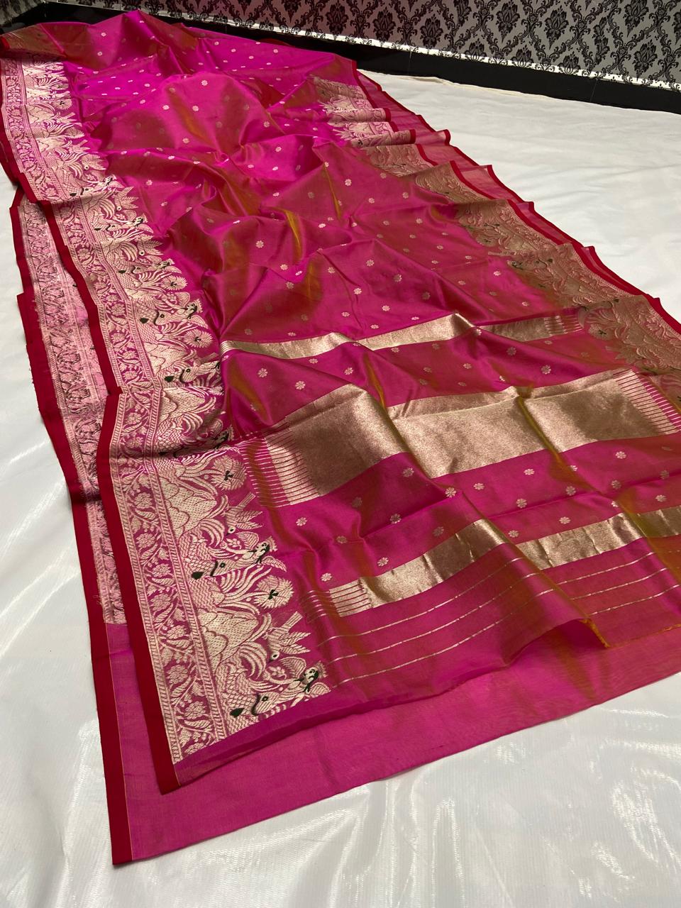 Hot Pink Chanderi Handloom Pattu Silk Meenakari Handwork Saree