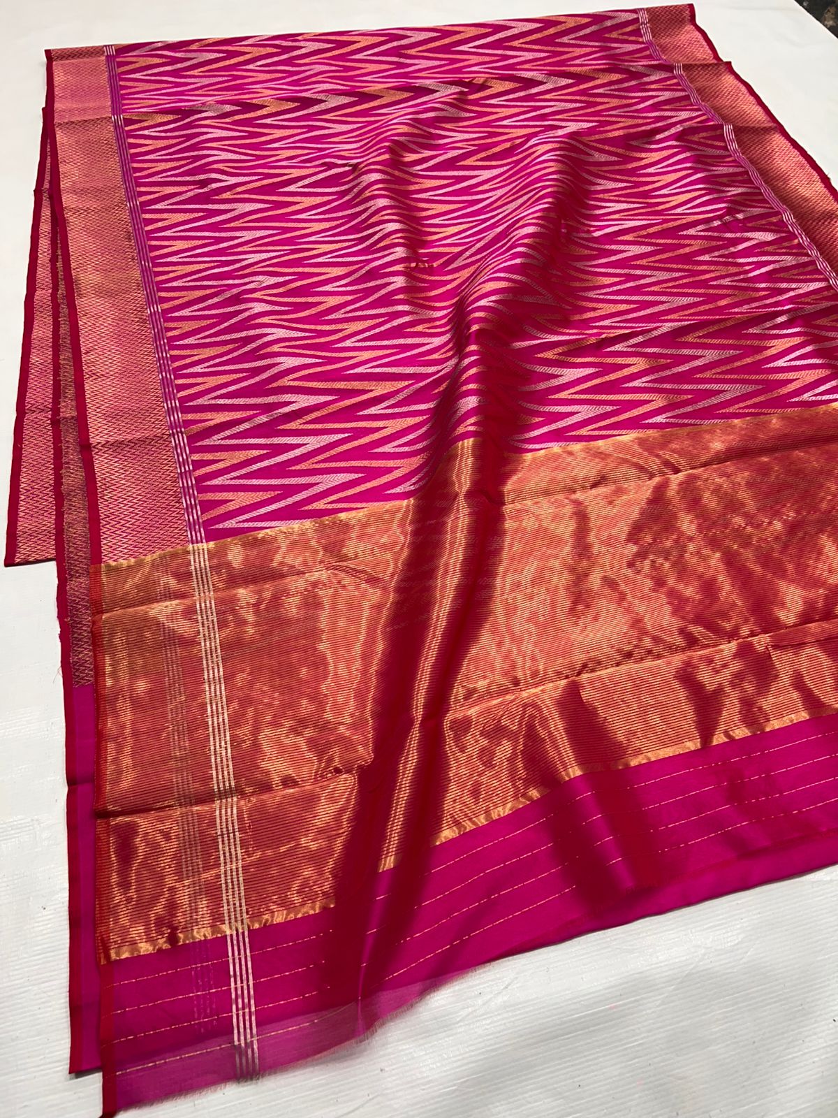 Dark Pink Chanderi Handloom Pattu Silk Handwork Saree