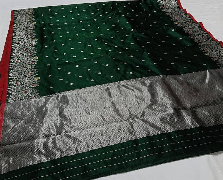 Bottle Green Chanderi Handloom Pattu Silk Meenakari Saree