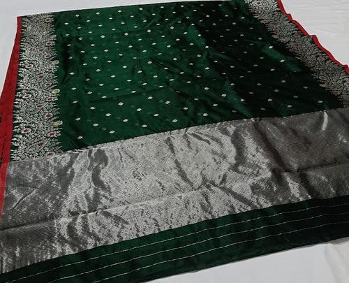 Bottle Green Chanderi Handloom Pattu Silk Meenakari Saree