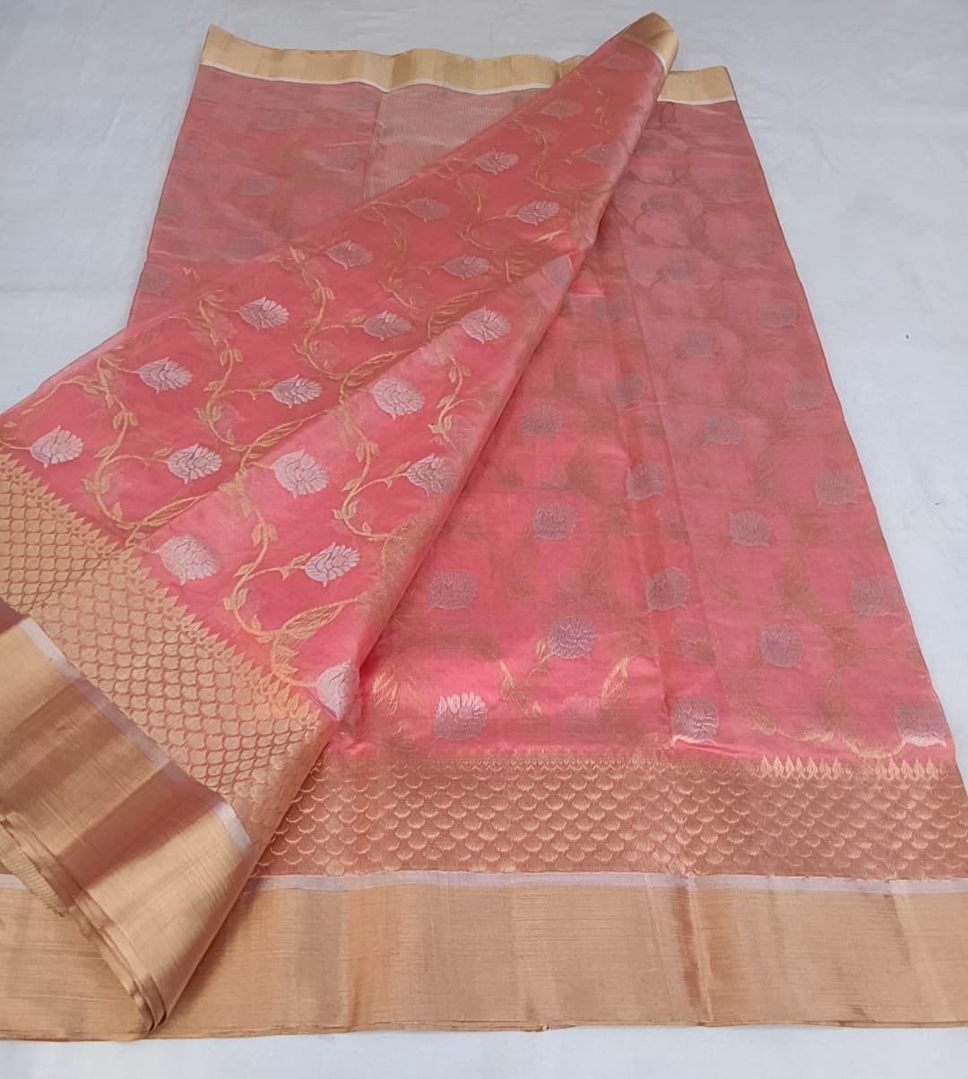 Peach Chanderi Handloom Pattu Silk Handwork Saree