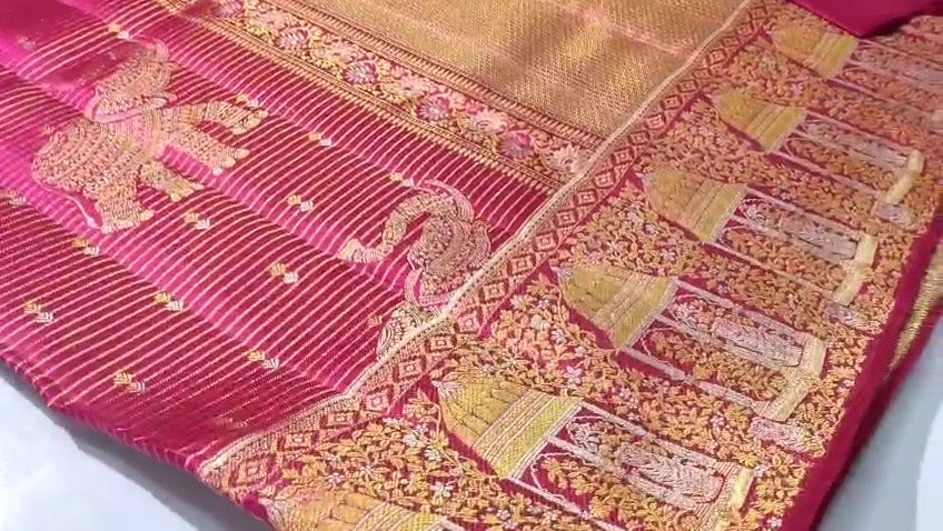 Mørkelyserød Kanchipuram håndvævet vævsbrokade Meenakari silkesari