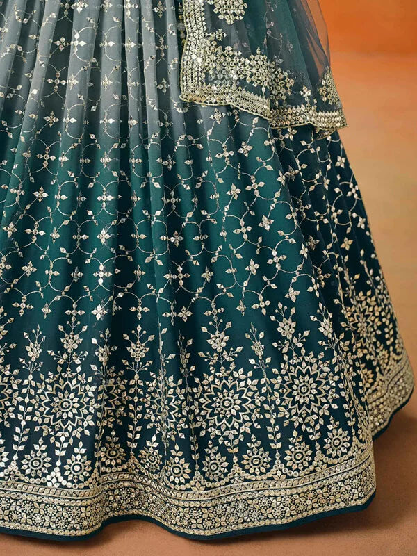 Blue-Grey Gradient Georgette Lehenga with Zari & Sequins