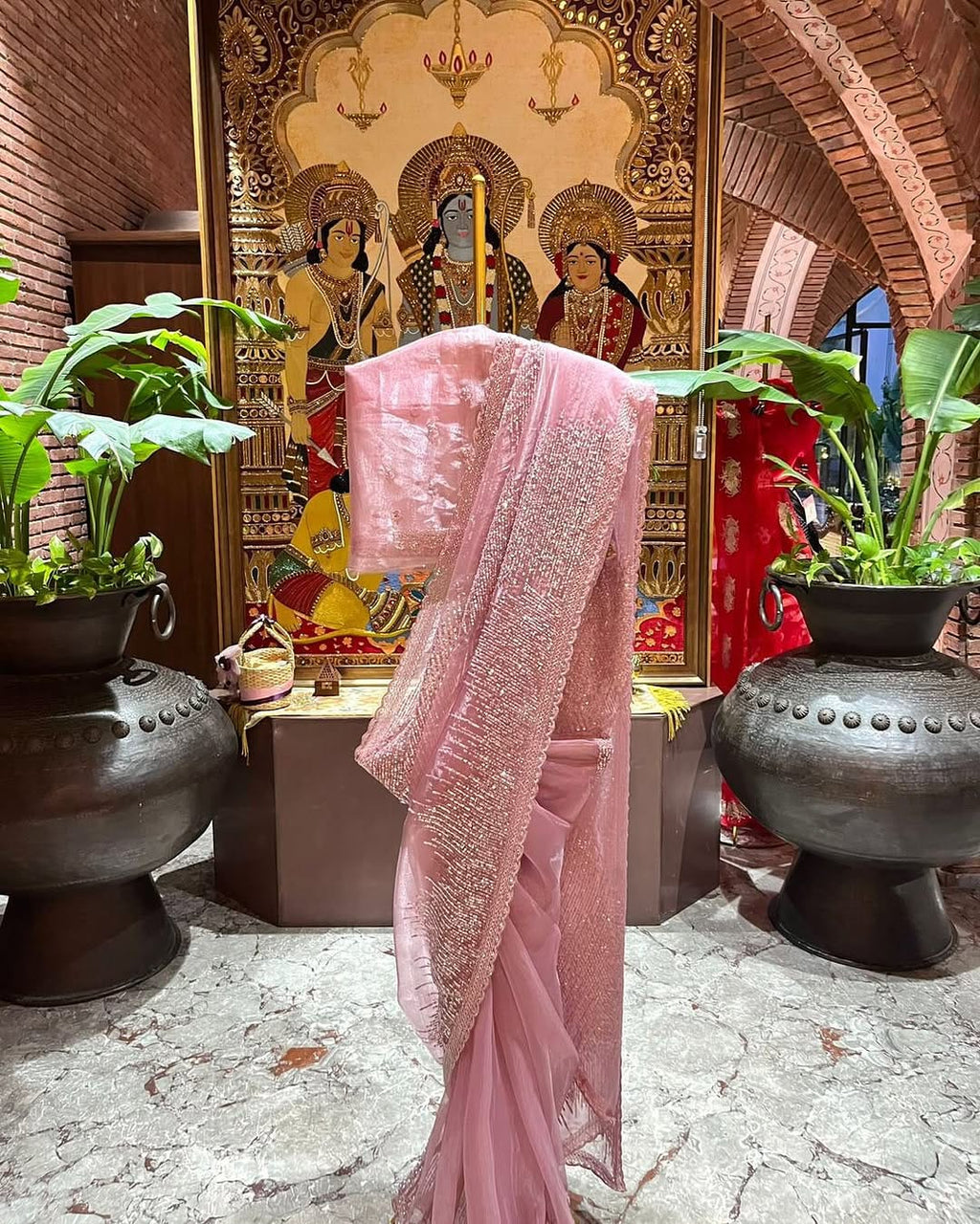 Rose Pink Hand Embroidered Tissue Organza Silk Saree