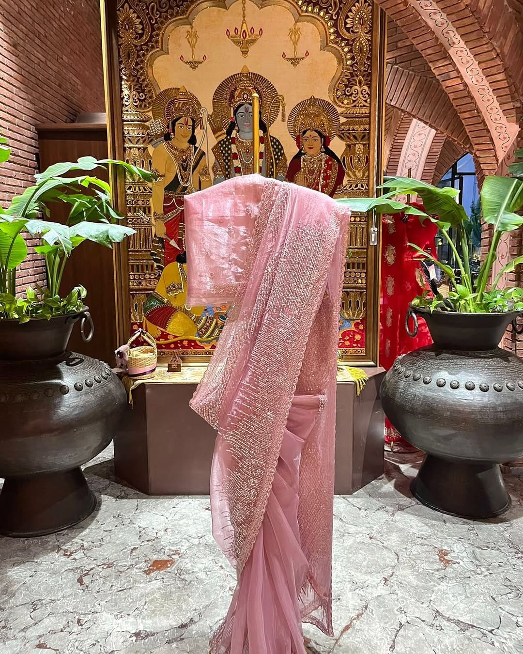 Rose Pink Hand Embroidered Tissue Organza Silk Saree