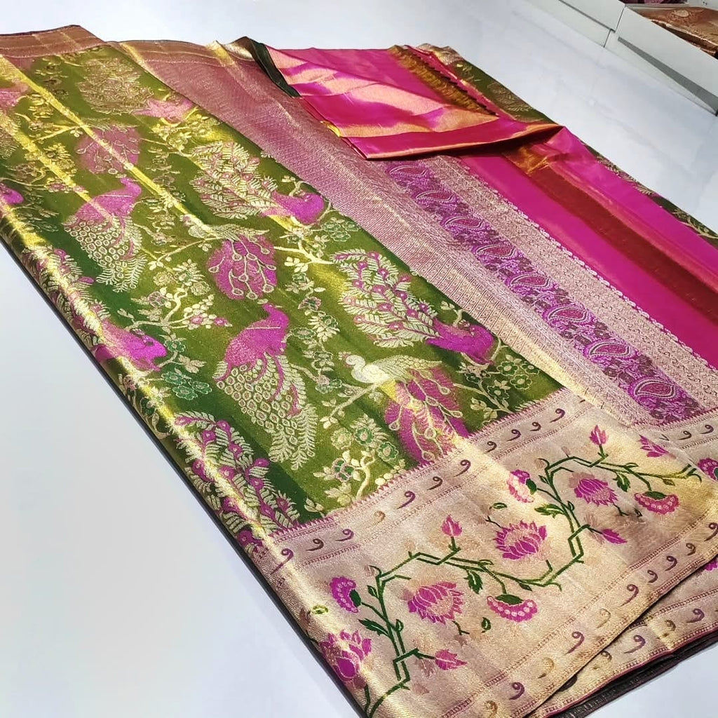 Green Kanchipuram Handloom Tissue Brocade Paithani Silk Saree