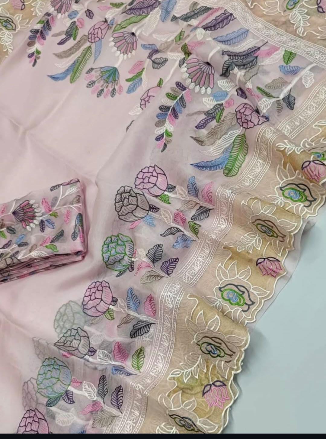 Baby Pink Banarasi Handloom Tissue Silk Paithani Embroidery Saree