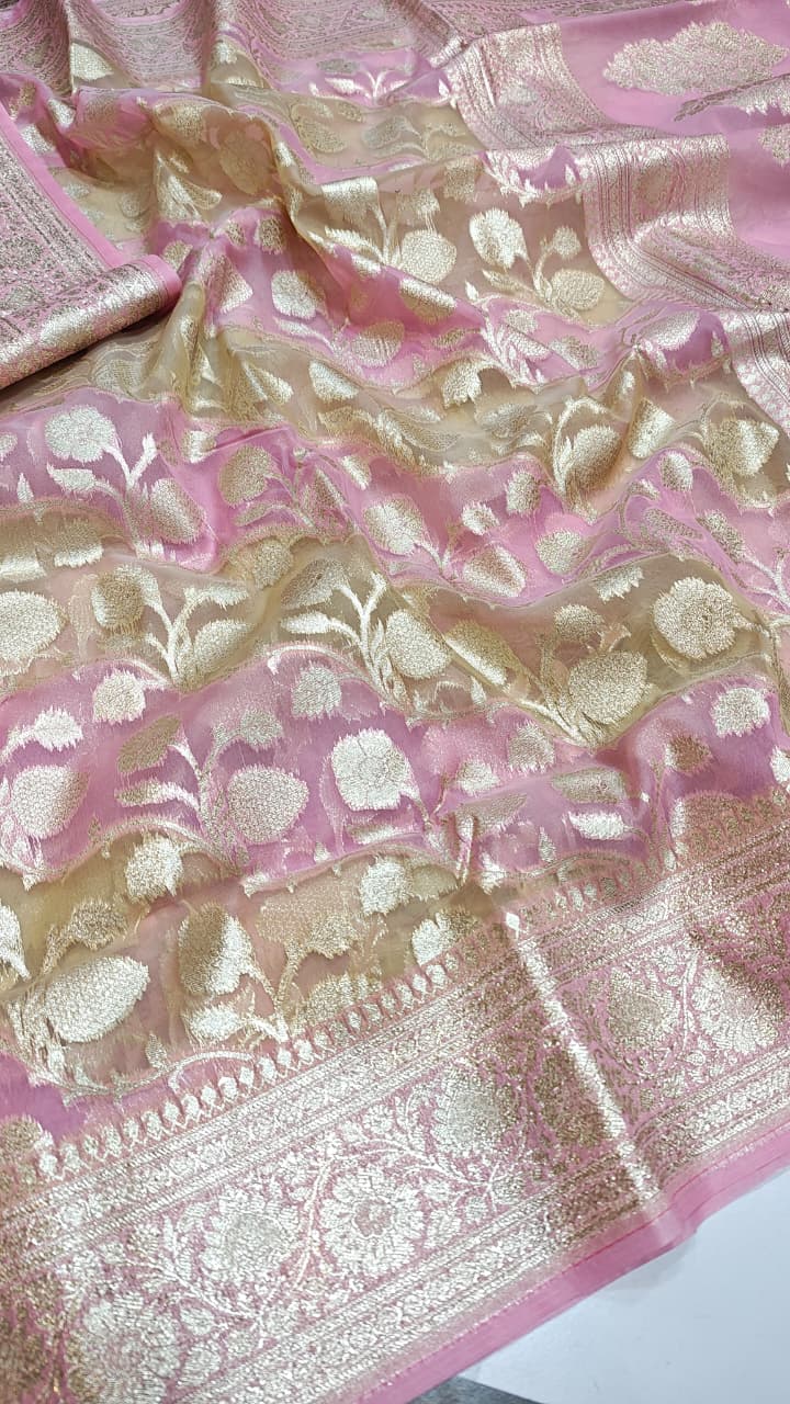 Pink Banarasi Handloom Rangkat Kora Tissue Silk Saree