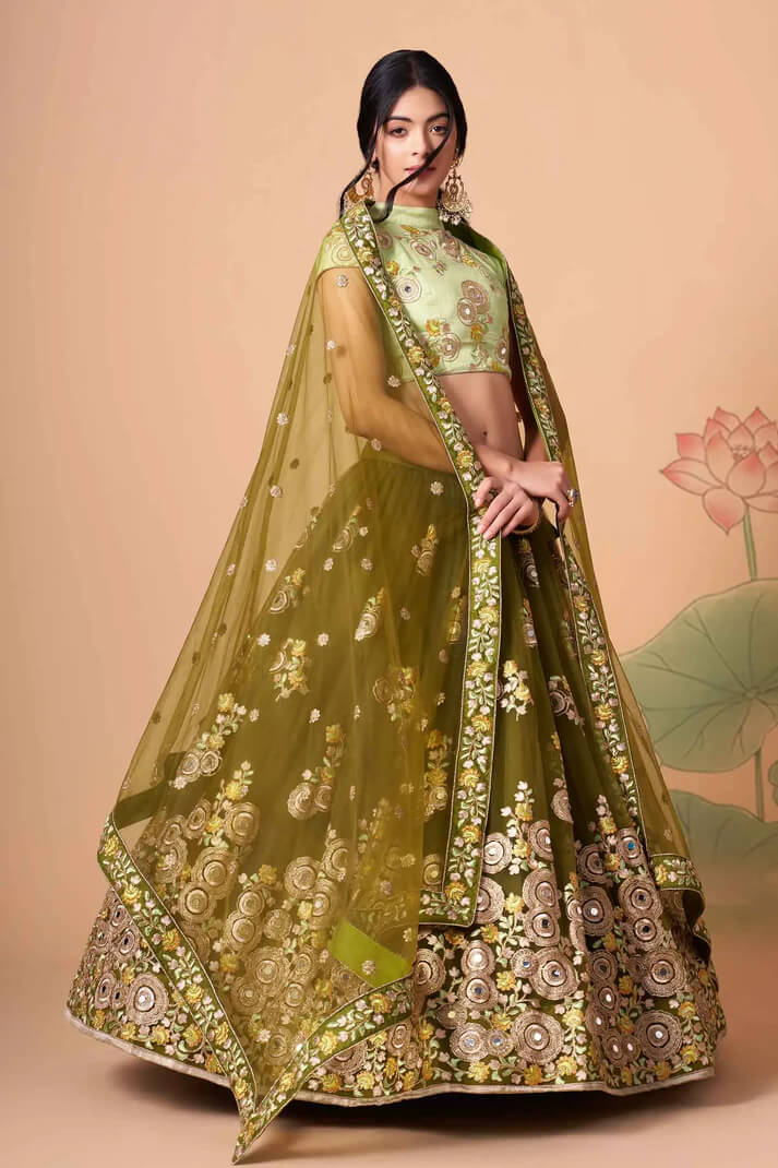 Mehndi Green Net Lehenga with Zari, Sequins & Mirror Work