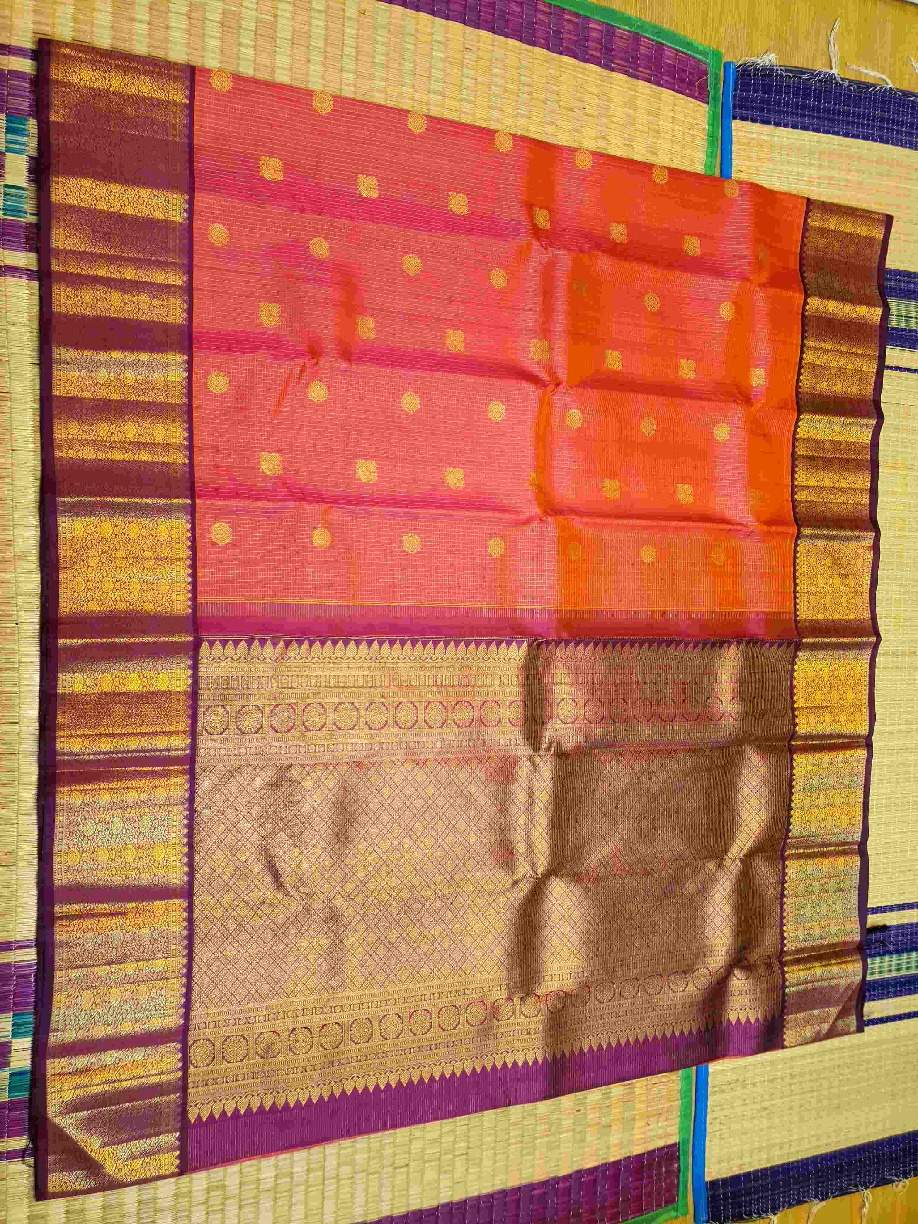 Orange Red Kanchipuram Handloom 2G Pure Gold Vairaoosi Silk Saree