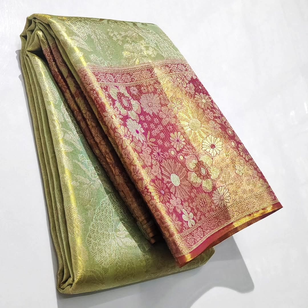 Pastel Green Kanchipuram Handloom Tissue Brocade Silk Meenakari Saree