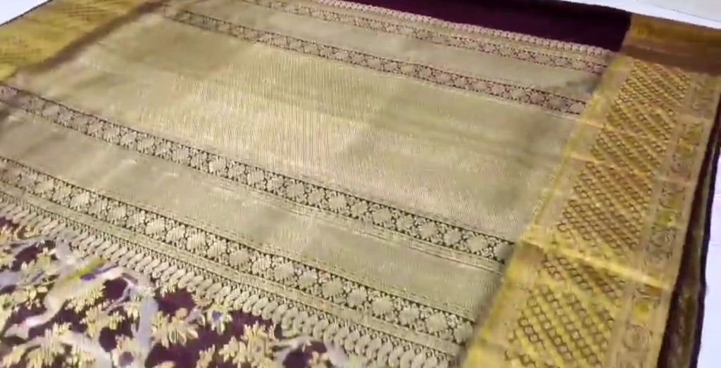 Wine Kanchipuram Handloom Tissue Brocade 1G Gold Bridal Saree