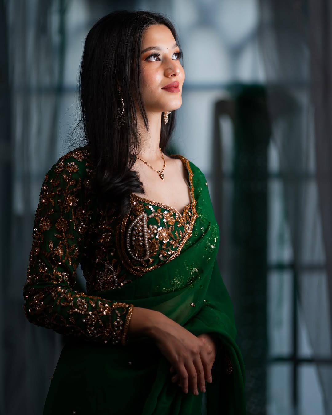 Bottle Green Hand Embroidered Organza Silk Saree