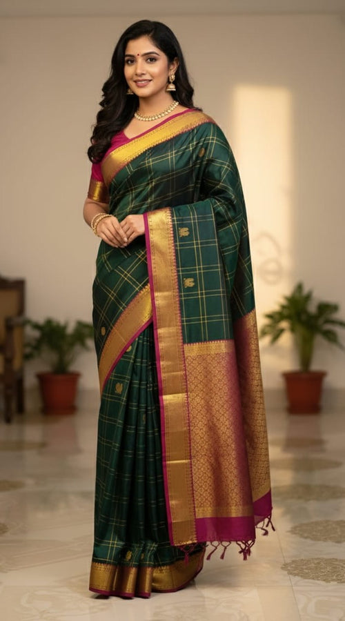 Bottle Green Kanchipuram Handloom 2G Gold Pattu Silk Saree