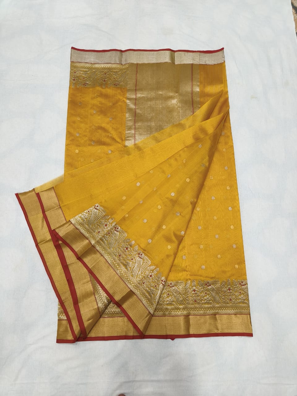 Golden Yellow Handloom Pattu Silk Meenakari Handwork Saree