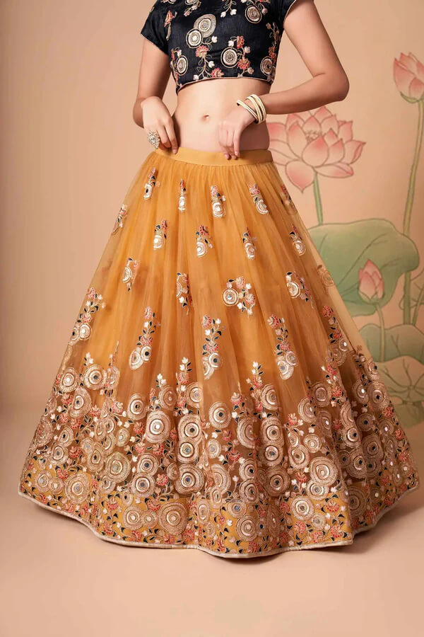Golden Net Lehenga with Zari, Sequins & Mirror Work