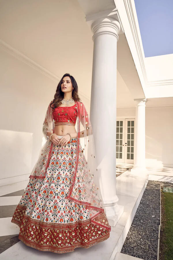 Classic White Embroidered Lehenga Choli in Art Silk