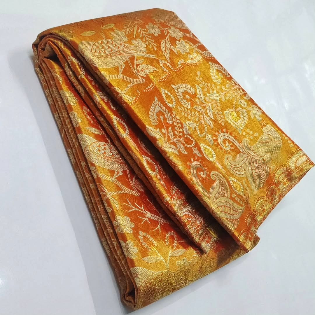 Orange Kanchipuram Handloom 2D Tissue Brocade Silk Saree
