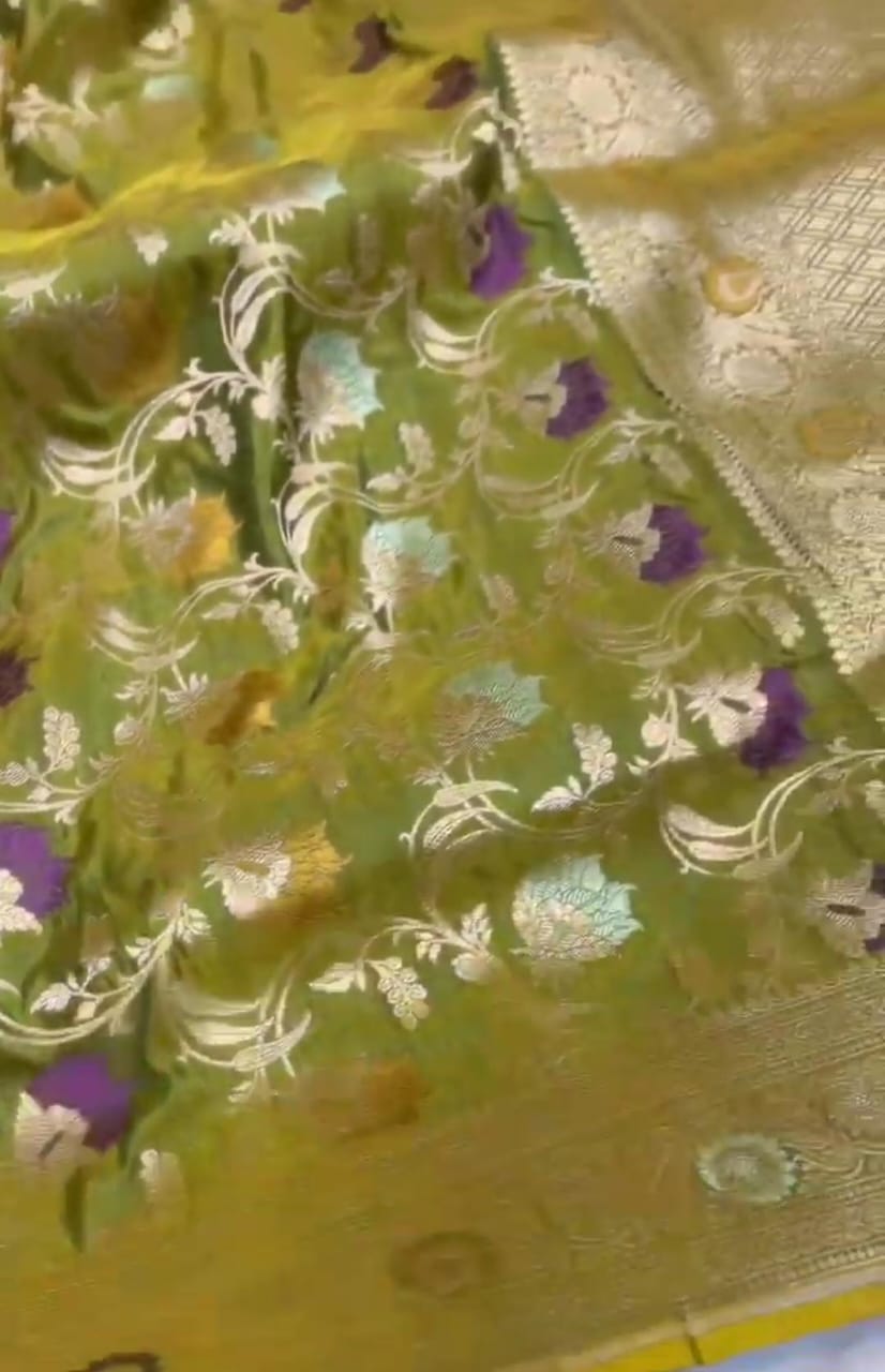 Dual Tone Mehandi Banarasi Handloom Katan Silk Meenakari Saree