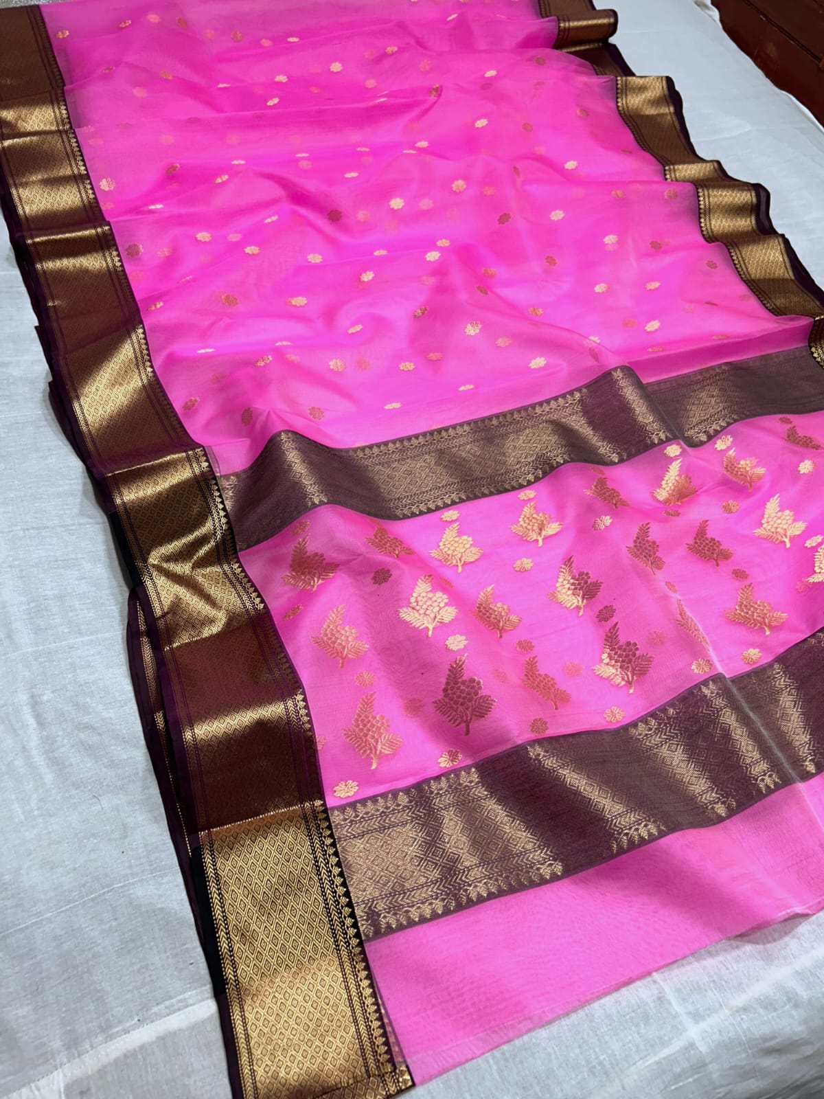 Hot Pink Chanderi Handloom Katan Silk Nakshi Saree