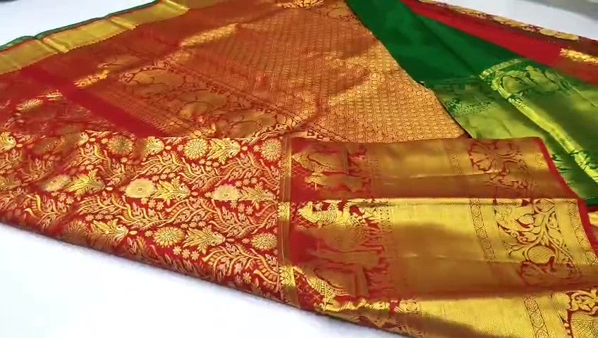 Rød Kanchipuram håndvævet vævsbrokade silke brudesari
