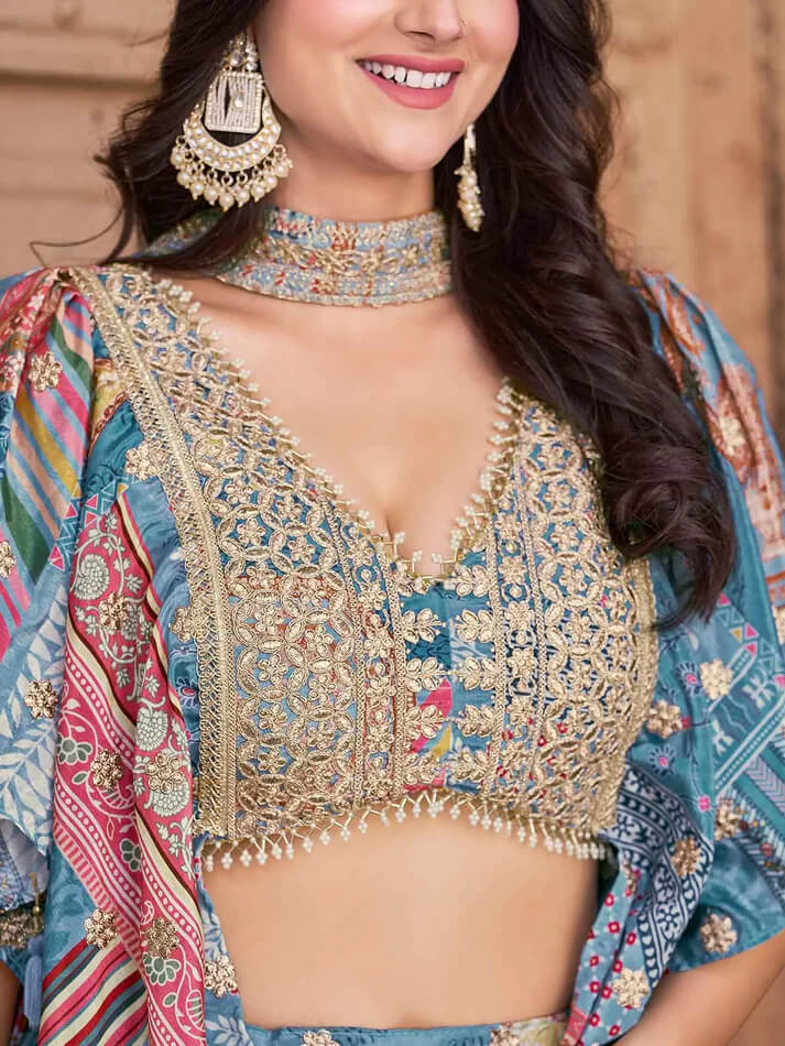 Sky Blue Printed Lehenga with Pearl Work Blouse
