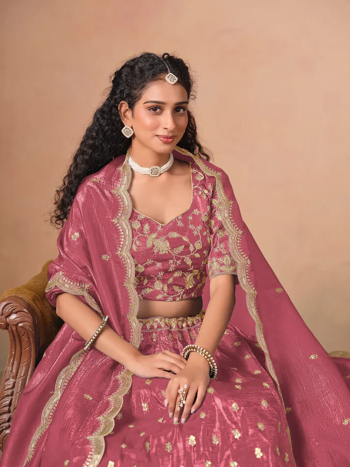 Tulip Pink Organza Lehenga with Embroidery Work