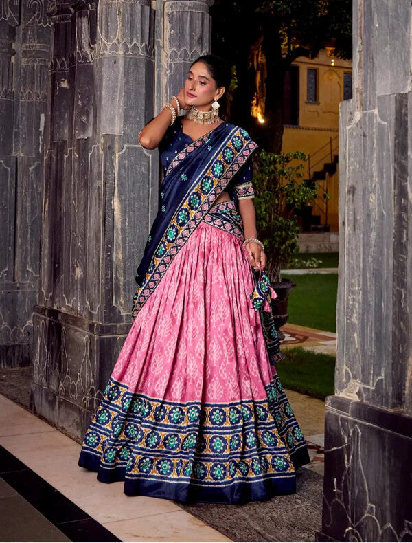 Elegant Light Pink Tussar Silk Lehenga Choli with Ikkat Print