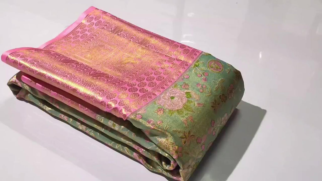 Pista Green Kanchipuram Handloom Tissue Brocade 4D Meenakari Silk Saree