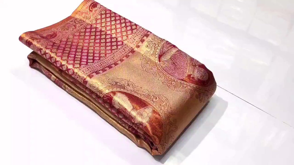 Coral Kanchipuram Handloom Tissue Brocade Silk Saree
