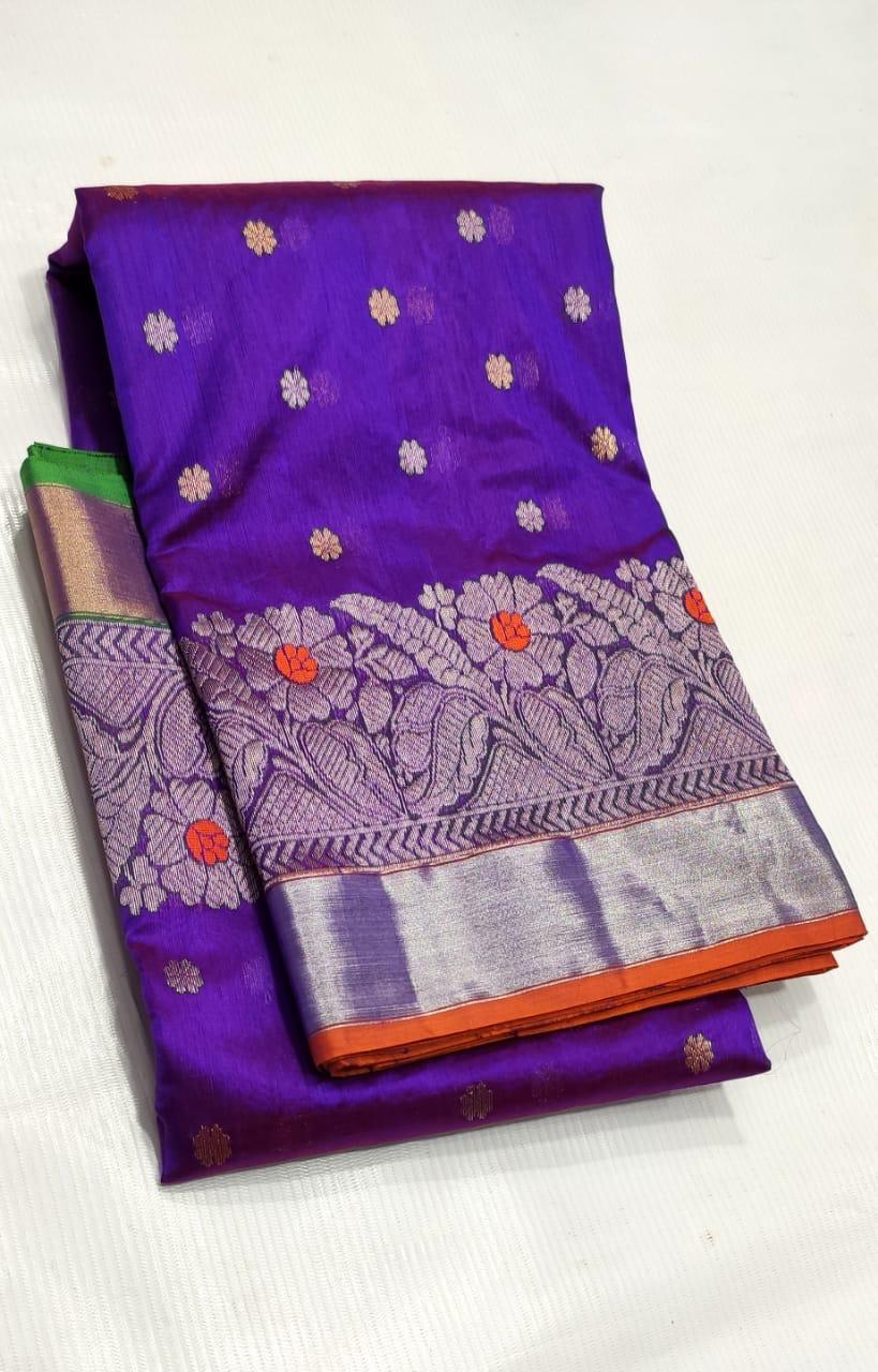 Dual Tone Purple Chanderi Handloom Pattu Silk Handwork Saree