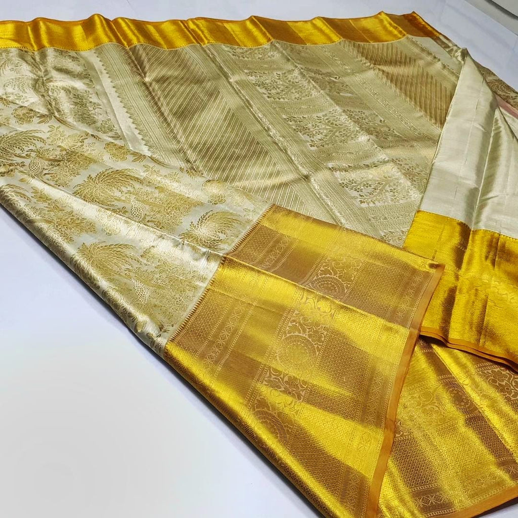 Ivory & Gold Kanchipuram Handloom Tissue Brocade Bridal Silk Saree