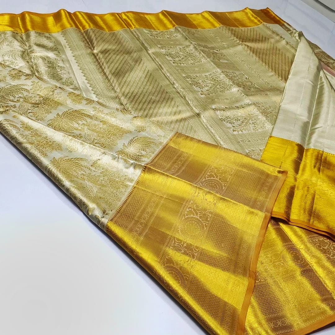 Ivory & Gold Kanchipuram Handloom Tissue Brocade Bridal Silk Saree