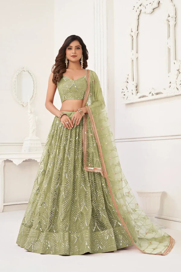 Pista Green Embroidered Net Lehenga Choli