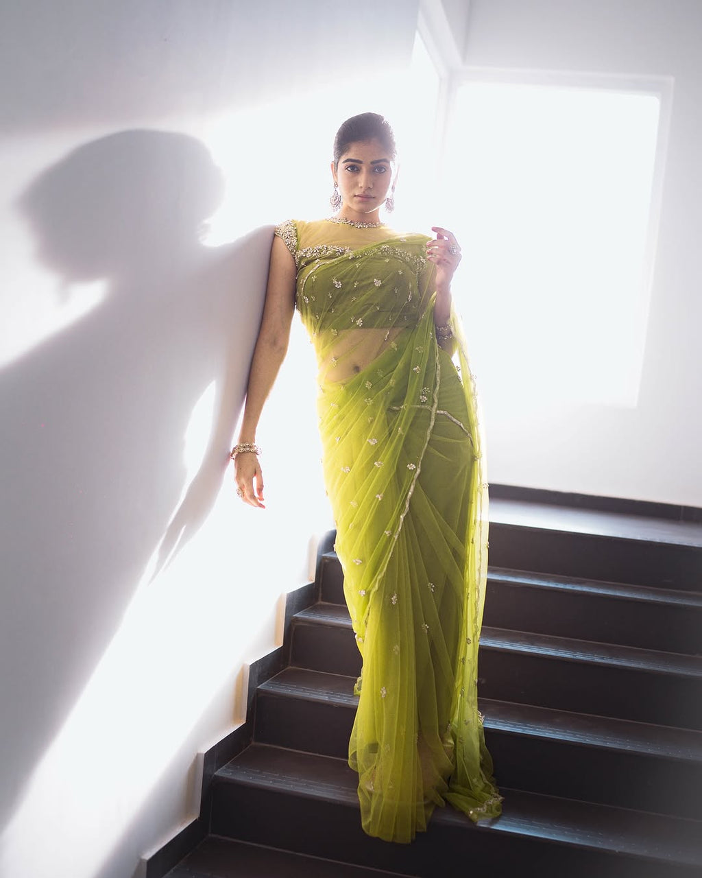 Lime Green Hand Embroidered Soft Net Saree
