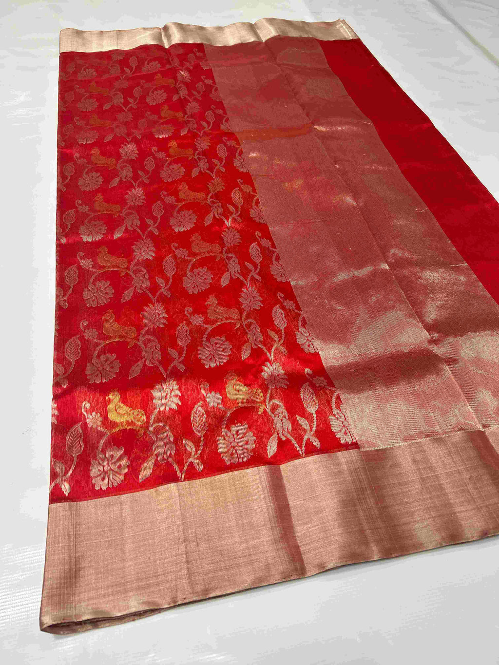 Red Chanderi Handloom Pattu Silk Meenakari Saree