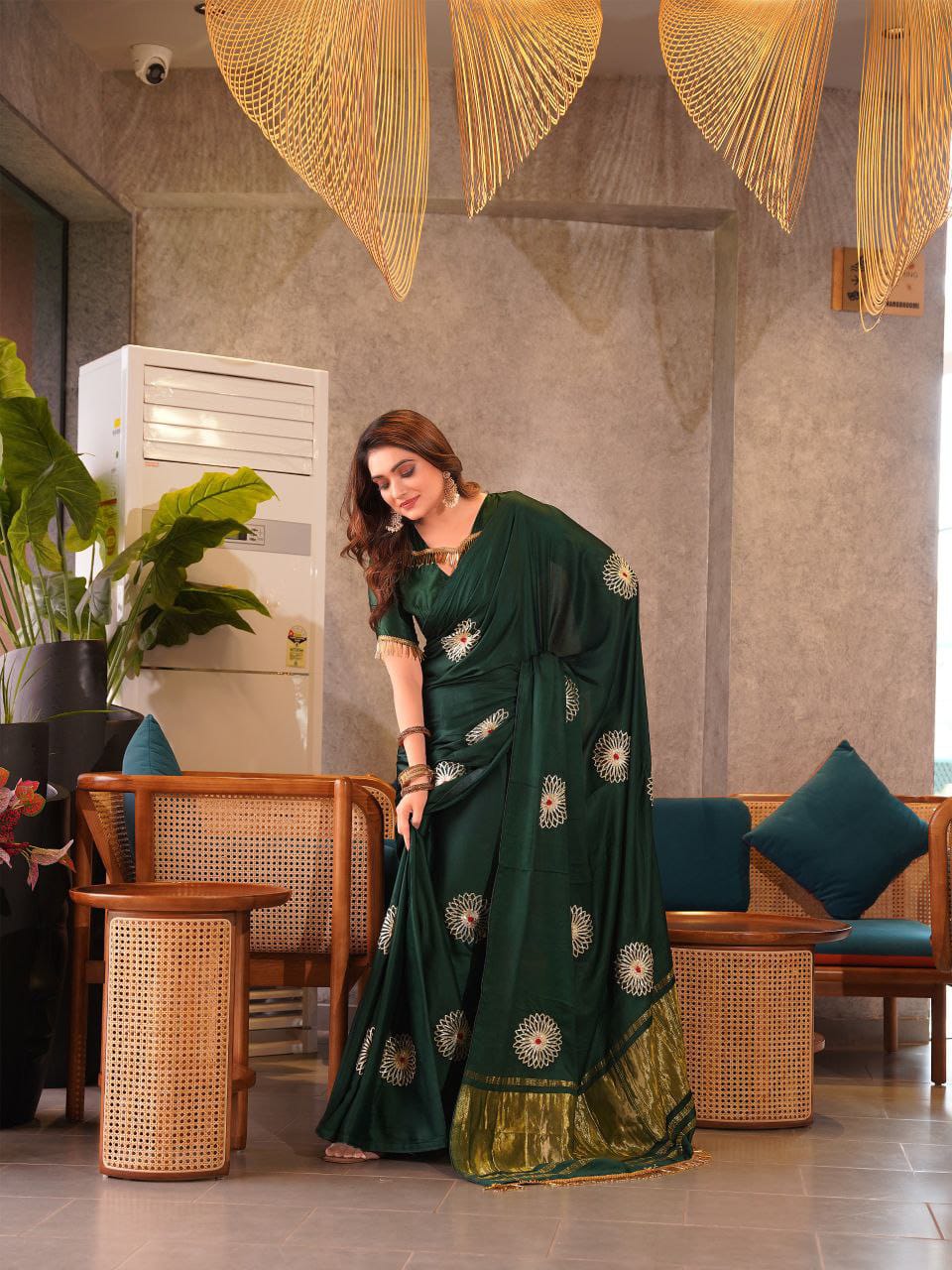Bottle Green Hand Embroidered Jaipuri Gajji Silk Saree