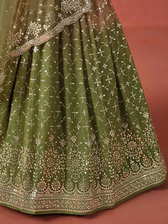 Mehandi Green Gradient Georgette Lehenga with Zari & Sequins