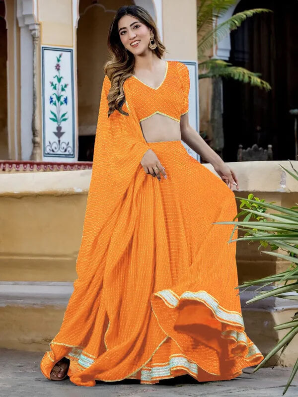 Yellow Leheriya Georgette Lehenga with Zari Lace Work