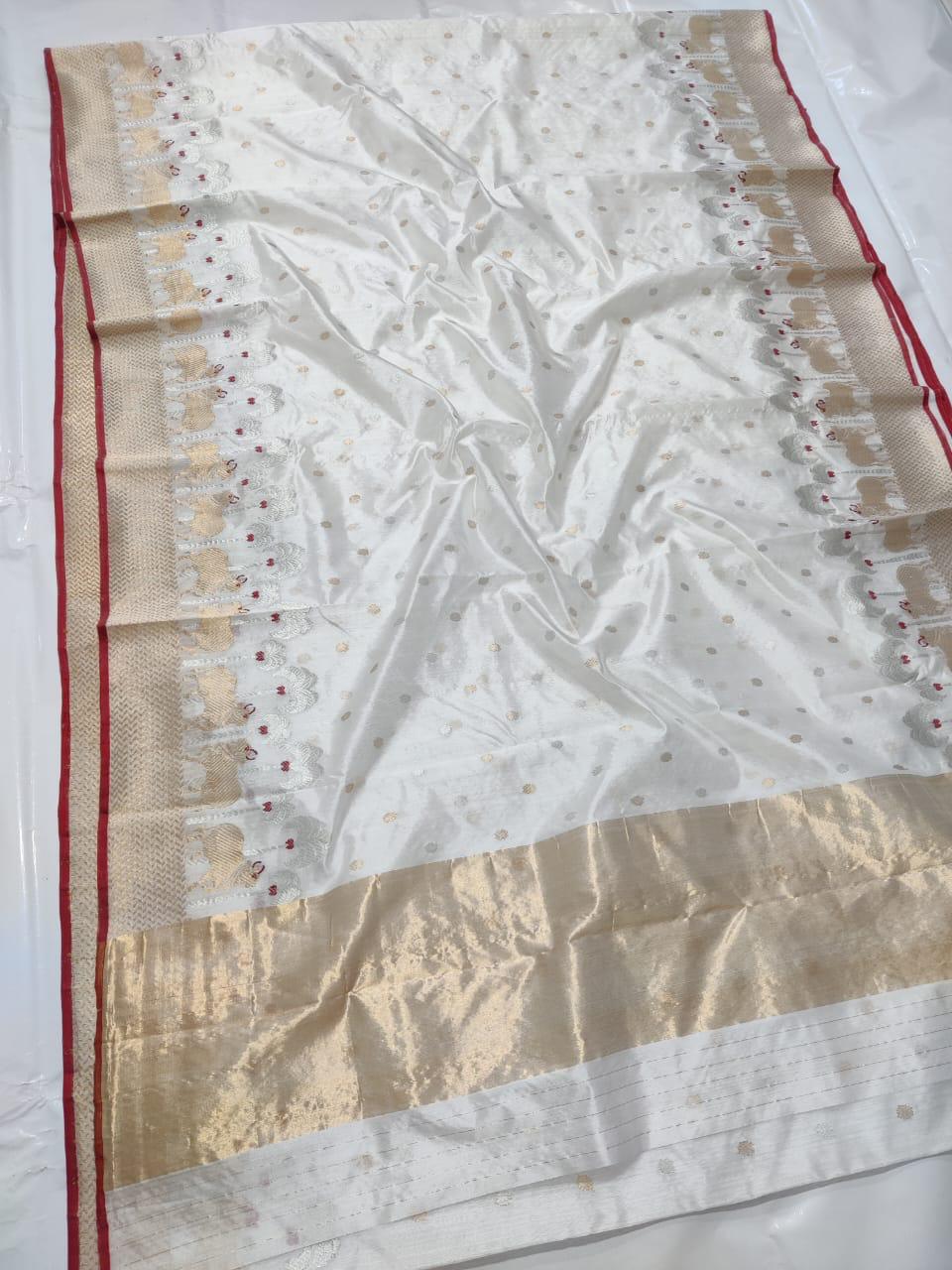 Pearl White Chanderi Handloom Pattu Silk Meenakari Saree