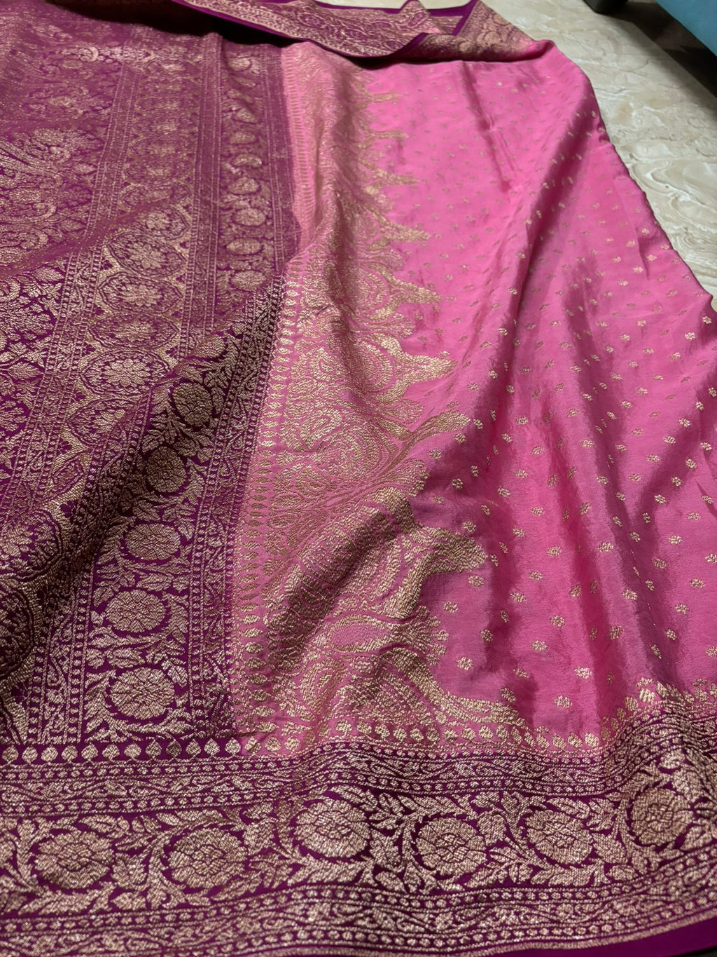 Bubblegum Pink Banarasi Handloom Antik Zari Georgette Crepe Silk Saree